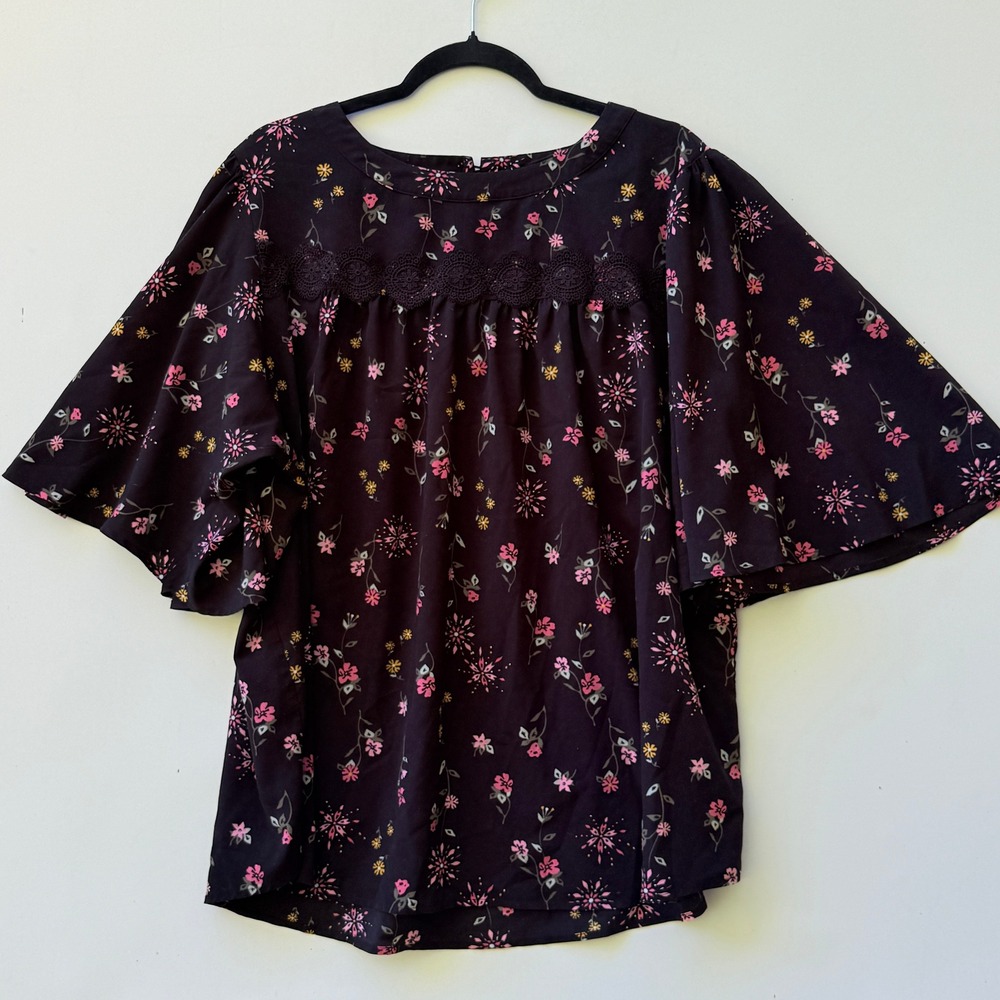 Lane Bryant Womens 20 Pink Black Floral Lace Trim Flare Sleeve Whimsy Blouse Top